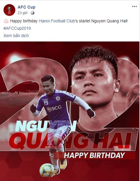 Lời chúc mừng dành cho tiền vệ Quang Hải đăng tải ở trang đại diện của AFC Cup trên mạng xã hội Facebook.